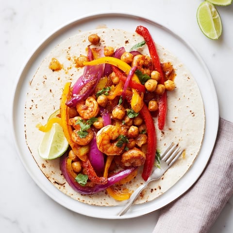 Sheet pan Shrimp & Chickpea Fajitas being arranged on a baking parchment paper.