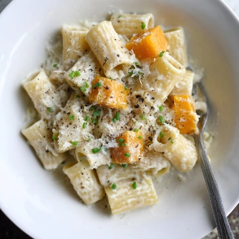 Creamy Miso Fall Pasta with Roasted Squash recipe showcasing vibrant colors and textures.