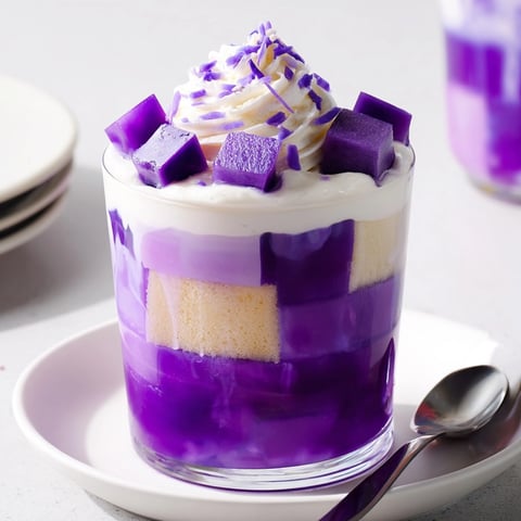 Layered Ube Milk Jelly Trifles: A beautiful, purple-yam dessert in clear glasses.