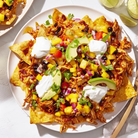 Crispy tortilla chips piled high with Mango Salsa BBQ Chicken, cheese, and toppings.