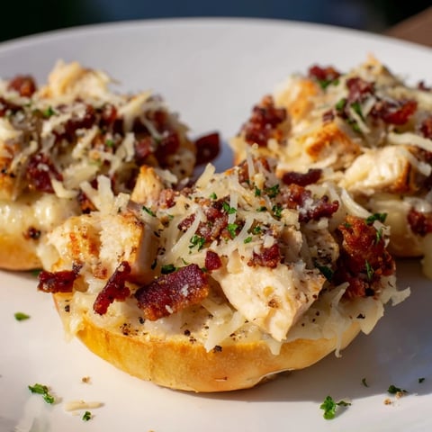 Delicious Alfredo Chicken Bacon Pizza Bagels topped with melted cheese and crispy bacon.  