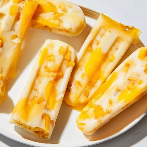 Ripe mango and banana breakfast popsicles topped with creamy yogurt for a refreshing treat.  