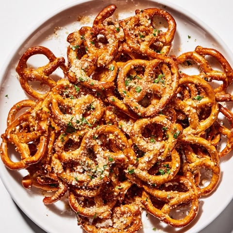 Festive Holiday Snack Spicy Pretzel Chips sprinkled with cheese and parsley, ready to enjoy.  