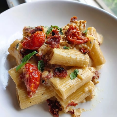 Creamy Baked Feta Pasta with caramelized onions and sun-dried tomatoes, beautifully golden.  