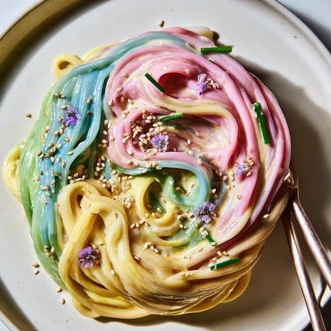 Vibrant Neon Noodle Cloud dish topped with scallions and edible flowers.  