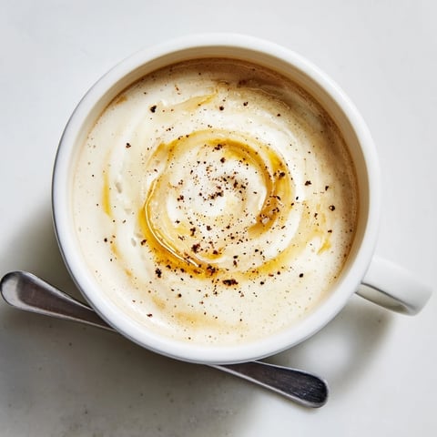 Savory onion latte featuring caramelized onions blended with rich espresso and frothed milk.