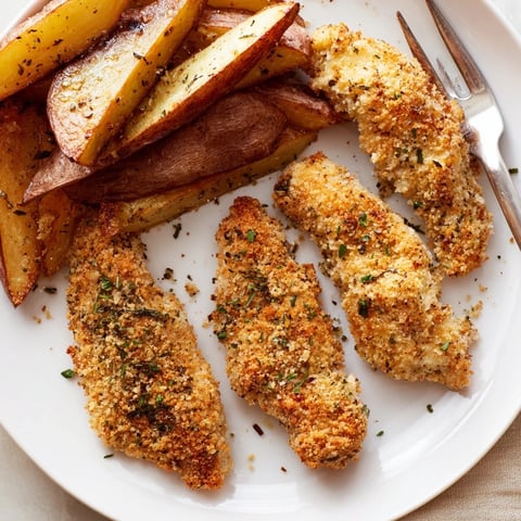 Juicy herbed chicken tenders paired with crispy potato wedges for a family feast.  