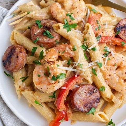 Creamy Cajun Sausage & Shrimp Alfredo Pasta Skillet topped with fresh parsley and spices.  