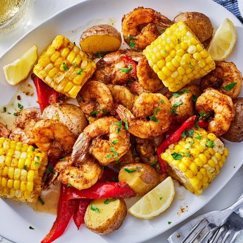 Vibrant Cajun shrimp & sweet corn platter garnished with fresh parsley and lemon.  