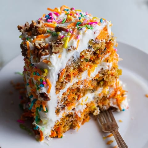 A scrumptious slice of Silly Carrot Cake with whimsical cream cheese frosting, ready to eat.