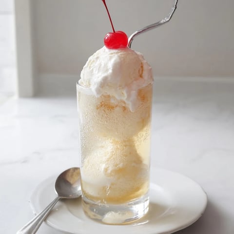 Homemade cream soda float with vanilla ice cream, bubbly, refreshing beverage, and perfect dessert.