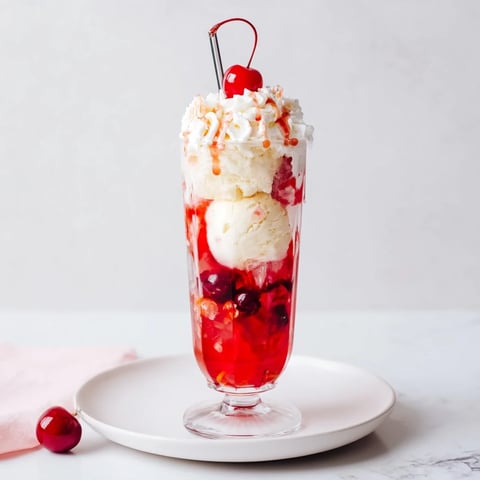 Bright red Homemade Fruit Soda Floats with fresh cherries and vanilla ice cream, so refreshing!