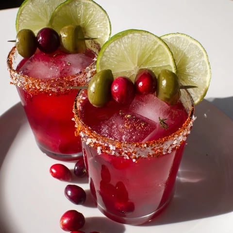 A frosty DIY Cranberry-Pickle Margarita, garnished with lime and pickle spear, ready to sip.