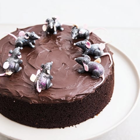 Moist, dark Rat Cake, a decadent layered dessert topped with fluffy whipped chocolate ganache and charming rat figures.