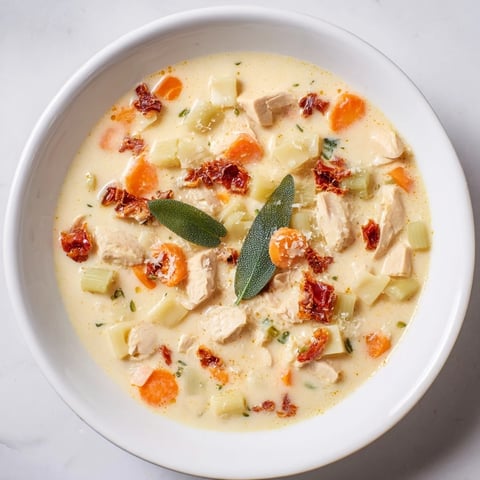 Creamy Marry Me Chicken Soup with crispy sage garnish, a delightful Italian-American inspired comfort meal.