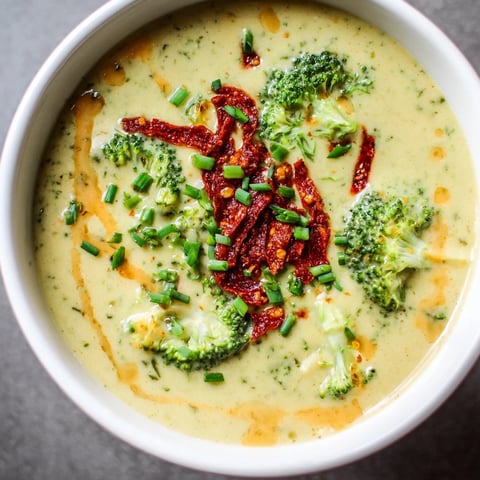 Creamy Broccoli Cheddar Soup swirls in a bowl, topped with a vibrant red chili crunch.