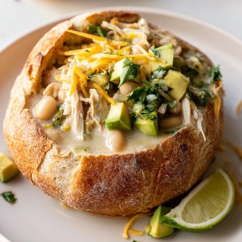 Steaming white chicken chili in a sourdough bread bowl, topped with cheese and cilantro.