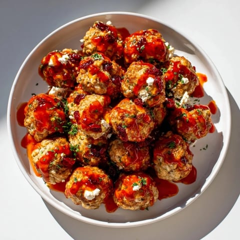 Golden-brown cranberry feta meatballs, drizzled with sweet chili sauce, perfect for a party appetizer.