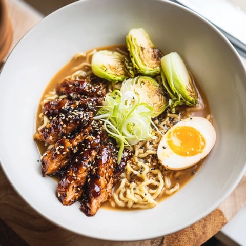Steaming Fusion Turkey Ramen with crispy Brussels sprouts, a warm bowl perfect for dinner.
