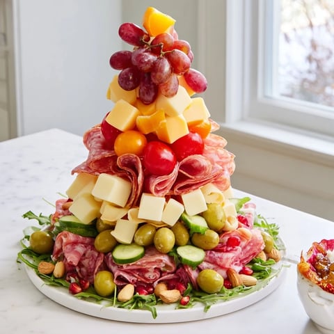 A festive charcuterie tree piled high with international cheeses, meats, and colorful fruits.