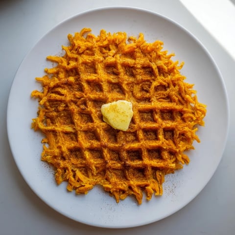 Golden, crispy Sweet Potato Waffle Hack, ready to be topped with maple syrup and fresh fruit.