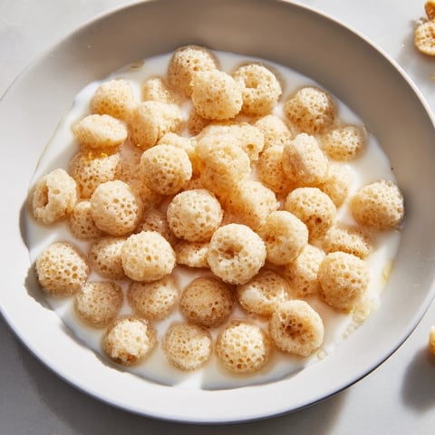 Golden-brown pancake cereal in a bowl, perfect for drizzling with sweet maple syrup.