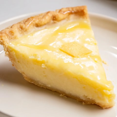Golden, flaky crust holding a creamy, shimmering slice of classic Water Pie, perfect for dessert.