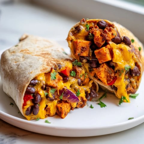 Golden sweet potato and black bean breakfast burritos steaming after a satisfying Tex-Mex meal.