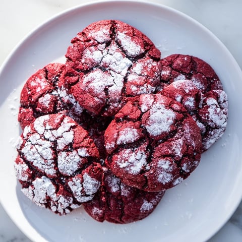 Chewy, crackled Red Velvet Chocolate Crinkle Cookies dusted with powdered sugar, ready to eat.