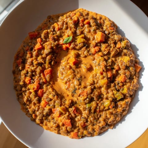 Steaming plate of Creamy Tomato Basil Lentil Bolognese, rich tomato sauce with fresh basil served over pasta.
