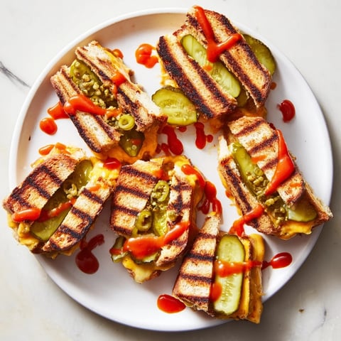 Golden-brown Spicy Pickle Grilled Cheese Dippers ready to be dipped, showcasing melted cheddar and crispy bread.