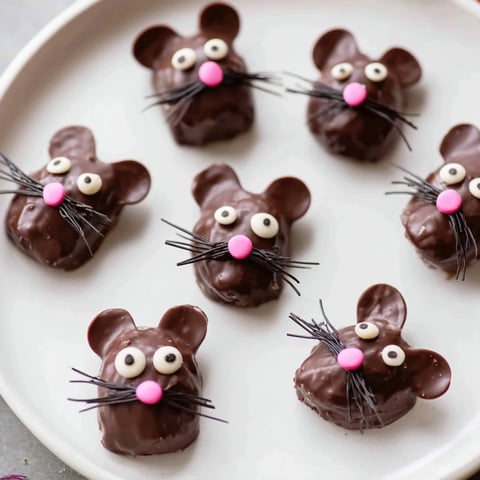 Fudgy, rich Silly Rat Cake Brownie Bites, decorated with chocolate rat faces, perfect for dessert.