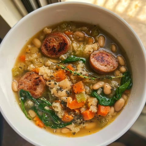Steaming Simple Sausage and White Bean Soup, a hearty American classic with sausage and vegetables simmering in broth.