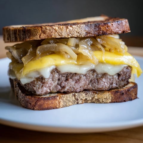Golden, crispy patty melt skillet with layers of melted cheese, onions, and beef, ready to eat.