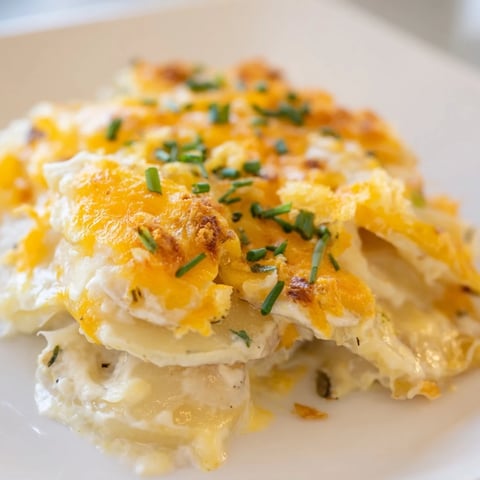 Golden brown Cheesy Scalloped Potatoes, bubbling hot, a classic Southern comfort food side dish.