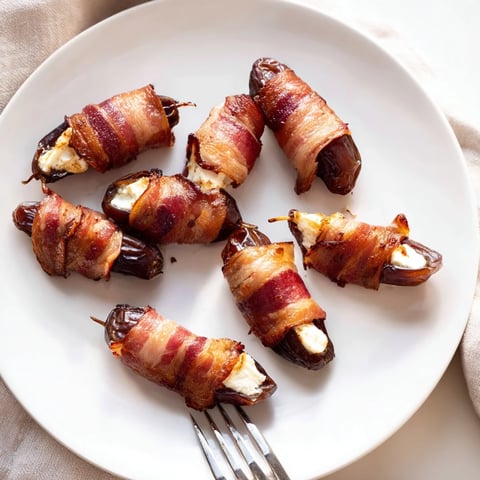 Crispy bacon-wrapped dates stuffed with creamy goat cheese, a flavorful appetizer ready to enjoy.