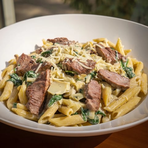 A bubbling, cheesy Steak & Spinach Artichoke Pasta Bake showcasing tender steak and creamy pasta.