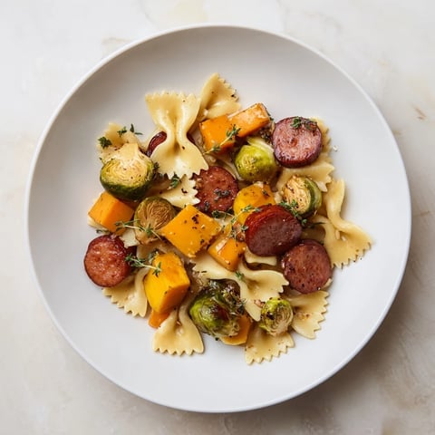 Golden-brown Autumn Sausage Pasta Squash with roasted vegetables and savory sausage slices.