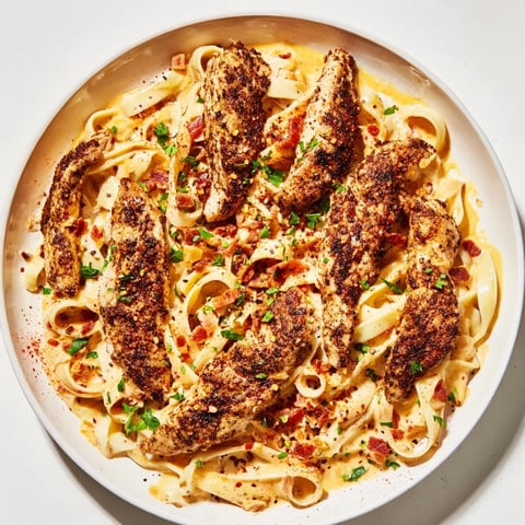 A plate of Southern Style Creamy Parmesan Chicken Pasta, featuring golden chicken and parmesan sauce.