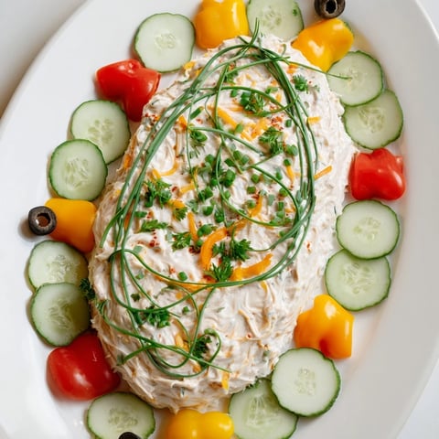 Festive Christmas Lights Appetizer Spread; creamy cheese base with colorful veggie "lights" and olives.