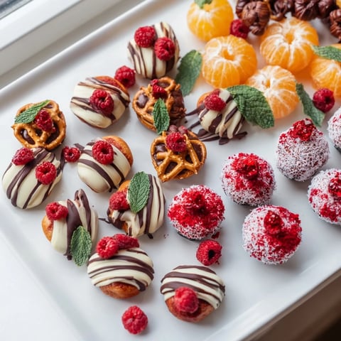 Festive candy cane striped platter boasts vibrant red and white treats for holiday joy, ready to serve.