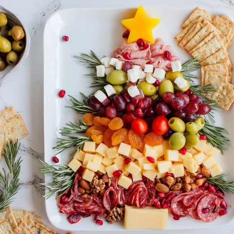Christmas Tree Charcuterie Dream: a stunning display of meats, cheeses, and fruits ready for holiday feasting.
