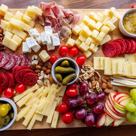 A beautifully arranged Cheval Heureux snack board overflowing with cheeses, meats, and fresh fruit, ready to eat.