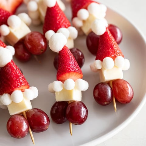 Festive Santa Hat Fruit and Cheese Platter: red strawberries, creamy cheese, and grapes create adorable edible hats.