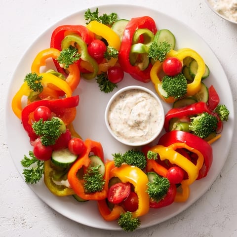 Vibrant, colorful Festive Bell Pepper Wreath, a vegetarian party platter with creamy veggie dip.