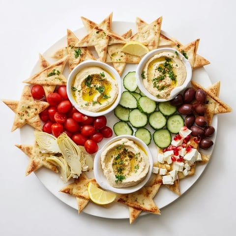 Golden, crisp Three Kings Star Pita Board arranged with colorful dips and fresh veg for a festive appetizer.