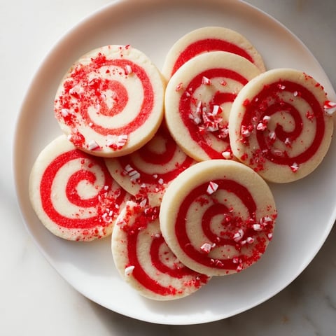 Candy Cane Swirl Cookie Platter: close-up of festive, red and white swirled sugar cookies, sprinkled with crushed candy canes.
