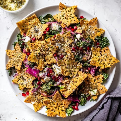 Crispy snowflake tortilla chips and vibrant salsa alongside a fresh Winter Salad.