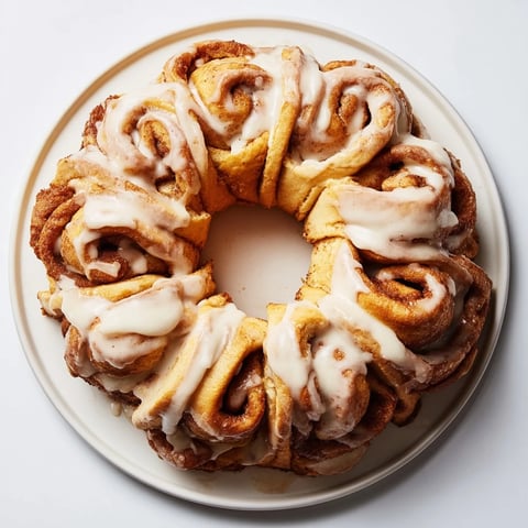 Warm, inviting image of a freshly baked cinnamon roll pull-apart wreath, glazed and ready to enjoy.