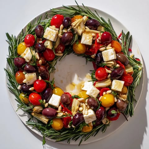 Festive Olive and Cherry Tomato Garland Board, showcasing assorted olives, cheeses, and vibrant tomatoes.